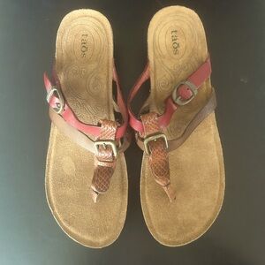 Taos sandals. Brown and red leather. Brushed leather footbed. New with box. US 9